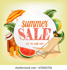 Summer Sale Template Vector Banner With Colorful Beach Elements. Design For Promotion.