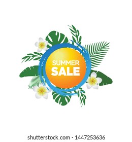 Summer sale template vector , poster with palm leaves, jungle leaf. Floral tropical summer background. illustration template