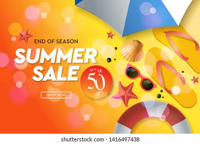 Summer Sale template, web banner. End of season, up to 50% off, vector illustration