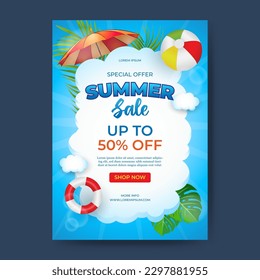 summer sale template. white clouds background and beach elements