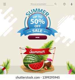 Summer sale, a template for your website in a minimalist light style with watermelon, coconut cocktail in coconut, sign with the inscription "summer"
