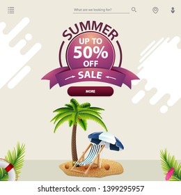 Summer sale, a template for your website in a minimalist light style with palm tree, beach chair and beach umbrella