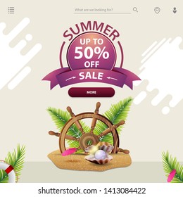 Summer sale, a template for your website in a minimalist light style with steering wheel of the ship in the sand, palm leaves and pearl
