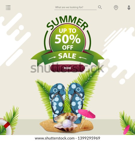 Summer sale, a template for your website in a minimalist light style with flip flops, pearl and palm leaves