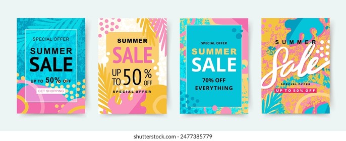 Summer sale templates. Abstract trendy background with colored shapes, texture and floral elements. Vector illustration for banner, social media, advertising