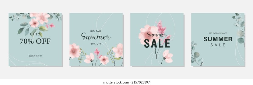 Summer sale templates with watercolor floral elements for social media banner, poster, shopping ads, marketing material. Banner layouts for beauty, skin care, wedding, floristic. Vector.