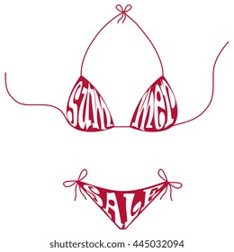 Summer sale  text composition in shape of  red swimsuit.  