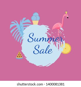 Summer sale text on blue texture circle. Design with different summer elements. Pink background.