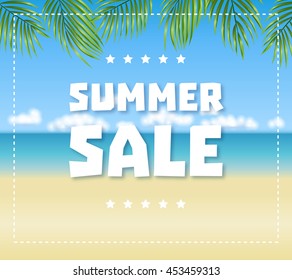 Summer sale text on blue sea, sand beach and palm leaves background. Vector illustration EPS10