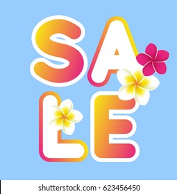 Summer sale text on blue sky background with some flowers. Vector illustration