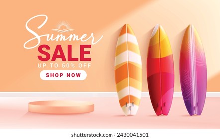 Summer sale text surfboard vector banner design. Summer sale podium stage with colorful surfboard elements for product presentation promotion. Vector illustration summer sale seasonal promo.  
