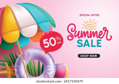 Summer sale text vector banner. Summer sale special offer discount with umbrella, floaters, starfish and beachball beach elements for tropical season design. Vector illustration summer sale banner. 
