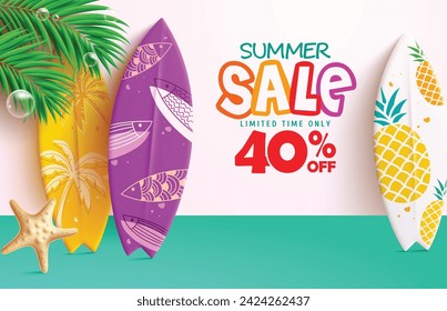 Diseño de banner vectorial de texto de venta de verano. Tiempo limitado de verano ofrece liquidación 40% de descuento con elementos de playa de tabla de surf para la promoción. Ilustración vectorial de verano de compras banner promocional. 
