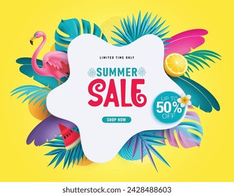 Summer sale text vector banner design. Summer sale limited time offer 50% discount price with tropical leaves and flamingo elements. Vector illustration summer promotion season template.   
