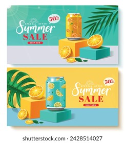 Sommer Verkauf Text Vektor Banner Set. Sommerschlussverkauf Sonderangebot mit Limonade Orangen Geschmack Getränke in Podium Bühne Produktpräsentation für Urlaub Saison Einkaufen Layout Sammlung. Vektor 