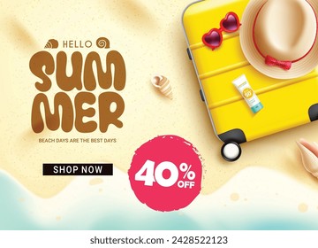 Summer sale text vector banner design. Summer sale in 40% off clearance discount offer with beach and travel luggage bag, hat, sunblock elements for tropical season flyers advertisement. Vector 