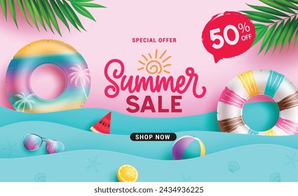 Summer sale text vector banner design. Summer special offer text with paper cut wave and beach elements for seasonal shopping sale advertisement. Vector illustration promo discount banner. 
