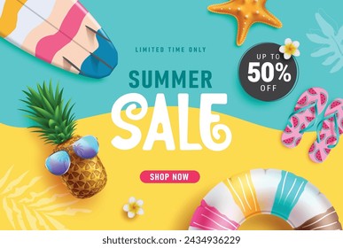 Summer sale text vector banner design. Summer limited time discount offer text with beach and tropical elements in green and yellow background. Vector illustration summer sale banner. 
