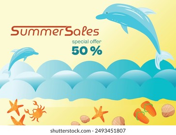 Summer sale text vector banner. Summer special offer text with wavy and beach elements cut from paper to advertise seasonal purchases. Vector illustration of an advertising banner with a discount.