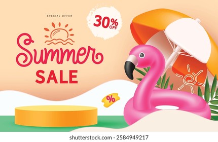 Summer sale text vector banner design. Summer special offer text with paper cut wave and beach elements for seasonal shopping sale advertisement. Vector illustration.