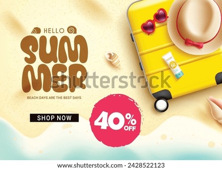 Summer sale text vector banner design. Summer sale in 40% off clearance discount offer with beach and travel luggage bag, hat, sunblock elements for tropical season flyers advertisement. Vector 