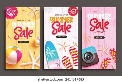 Sommerverkaufstext Vektor Poster Set. Sommerverkauf Sonderangebot-Text mit Surfbrett, Beachball und Strandelementen. Vektorgrafik Sommerkollektion für saisonale Werbung.
