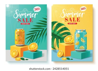 Conjunto de póster vectorial de texto de venta de verano. Oferta especial de venta de verano descuento promocional con refrescos sabor a naranja en el podio etapa para la promoción de productos de temporada tropical. Ilustración vectorial poste de venta de verano