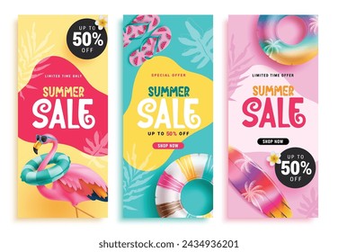 Conjunto de póster vectorial de texto de venta de verano. Promoción de temporada de rebajas de verano con tiempo limitado y oferta especial de la colección de diseño de póster de texto. Diseño de volantes de descuento de verano de ilustración vectorial.
