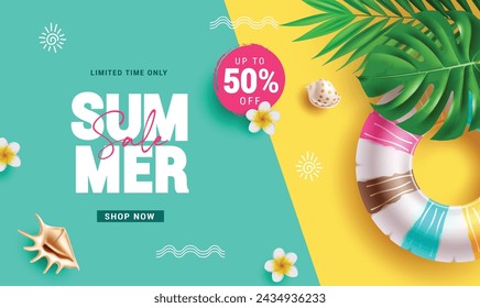 Diseño de plantilla de vector de texto de venta de verano. Texto de la oferta de tiempo limitado de verano con elementos de playa para el fondo de promoción de compras de temporada. Ilustración vectorial de verano de la venta de banner. 
