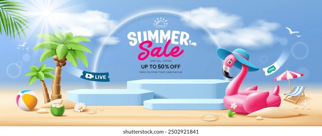 Summer sale, three blue podium, Pink flamingo inflatable, coconut trees, pile of sand, beach umbrella, beach chair and beach ball, banner design, on cloud and sky blue background, EPS 10 vector