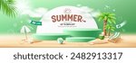 Summer sale, three green podium display, coconut trees, pile of sand, beach umbrella, beach chair and beach ball, banner design, on cloud and sky green background, EPS 10 vector illustration
