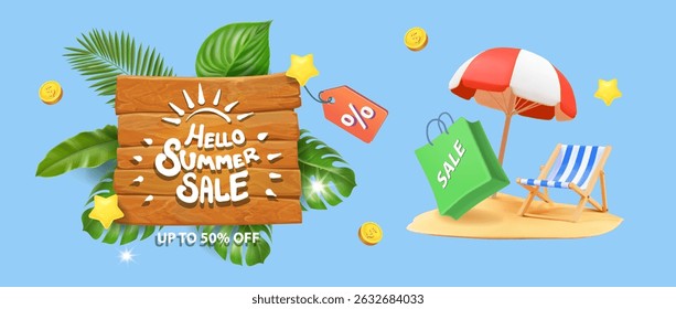 Summer sale, three wooden desk, palm leaves, pile of sand, beach umbrella, beach chair and shopping bag, banner design, Vacation holiday scene with discount poster 3d vector illustration