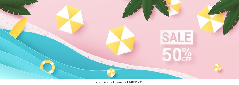 Summer Sale Time Background. Blue Sea And Beach With Stuff For Summer. Paper Cut And Craft Style Illustration. Top View