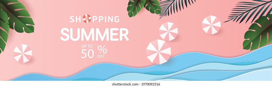 Summer Sale time holiday element banner design with paper cut tropical beach Color background layout Orange concept discount.Vector blue yellow illustration template.for  text