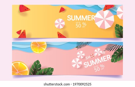 Summer Sale time holiday element banner design with paper cut tropical beach Color background layout Orange concept discount.Vector blue yellow illustration template.for  text