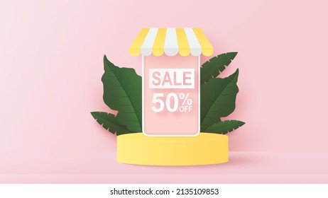 Summer Sale Time With Podium Platform To Show Product. Blue Sea And Beach With Stuff For Summer. Paper Cut And Craft Style Illustration