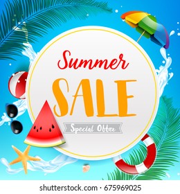 Summer sale titile on white circle over Abstract background top view of sand and sea beach starfish shell rock and umbrella for summer vacation promotion concept vector illustration eps10