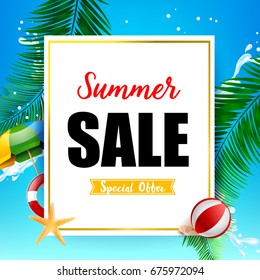 Summer sale titile on white rectangle over Abstract background top view of sand and sea beach starfish shell rock and umbrella for summer vacation promotion concept vector illustration eps10