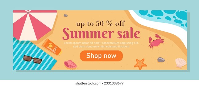 Summer sale top view banner. Beach or coastline with sand near ocean or sea. Blanket under umbrella with sunglasses and sunscreen. Discounts and promotions. Cartoon flat vector illustration