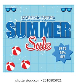 Summer Sale. Top view of pool with swim rings.  Flat vector modern illustration 