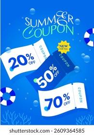 Summer sale travel coupon banner with percent price off, lifebuoy isolated on underwater background. Beach vacation gift voucher for sale off event in vector illustration