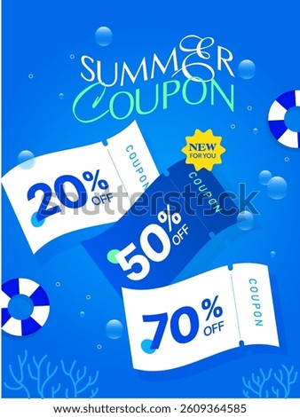 Summer sale travel coupon banner with percent price off, lifebuoy isolated on underwater background. Beach vacation gift voucher for sale off event in vector illustration