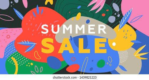 Summer sale trendy banner background. Liquid fluid elements, tropical leaves and flowers. Eps10 vector illustration