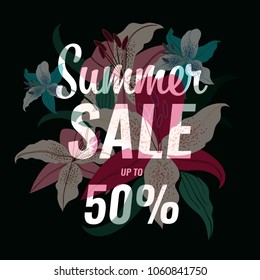 Summer sale with trendy hand draw colorful flowers on black background, Blue and Pink Lilies, Printing brochure, Banner, EPS 10 Vector