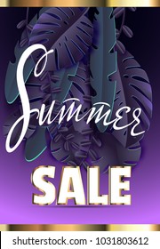 Summer sale with tropic leaf. Vector object paper craft with shadow. In gold frame