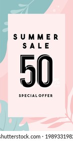 Summer sale tropic leaves flyer, poster, banner, design, template, background. Special offer discount big sale web banner. Mobile Digital display promotion for social media or website