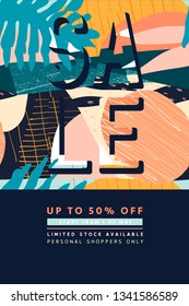 Summer sale tropical abstract poster. Cover page design template with floral contemporary collage. Modern brochure for sale promotion.