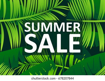 Summer sale tropical background with exotic palm leaves and plants. Vector floral background.