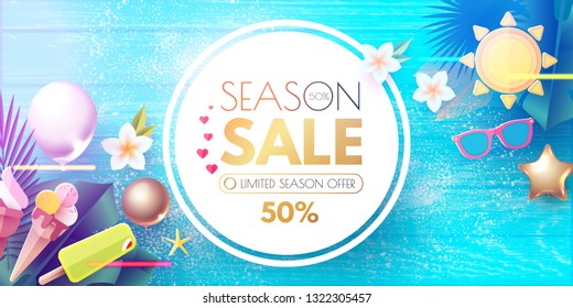 Summer Sale Tropical Background with Leaves, Flowers, Balloons. Lights and Neon Effects. Vector illustration