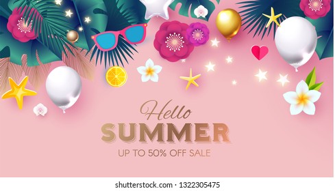 Summer Sale Tropical Background with Leaves, Flowers, Balloons. Lights and Neon Effects. Vector illustration